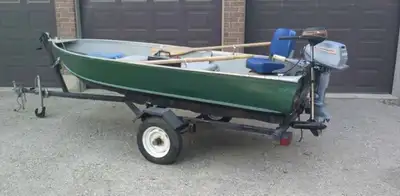 12ft Sears aluminum boat with trailer, 6hp Evinrude, Shakespeare 35lb thrust 5 speed electric motor,...
