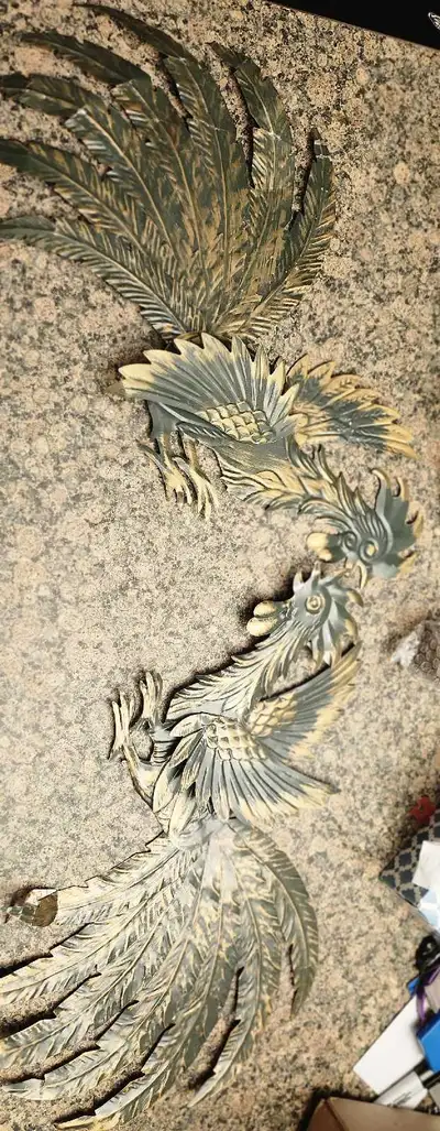 Pair of vintage pressed-metal rooster wall hangings. Classic 1960s–1970s style with green and gold p...