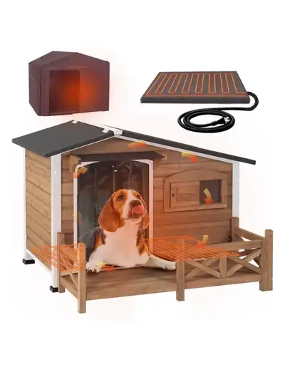 Aivituvin AIR7024-B-IN-HP Metal Frame Wood Outdoor Heated Dog Ho, View more