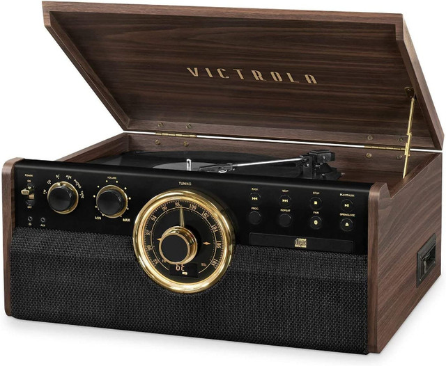 Victrola 7-in-1 Nostalgic Bluetooth/CD/Cassette/Turntable - NEW in Stereo Systems & Home Theatre in Abbotsford