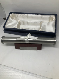 PEWTER CERTIFICATE HOLDER WITH WOOD STAND