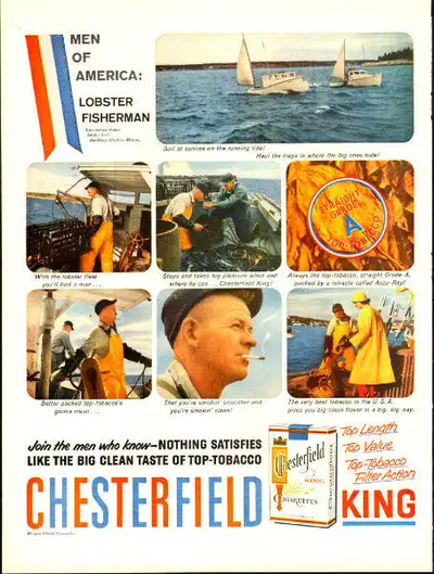 1959 full page ad for Chesterfield Cigrettes lobster fishermen, View more