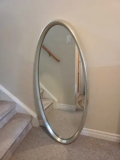 REDUCED: art deco silver coloured oval mirror weighing 21 lbs, View more