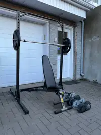 Squat Rack avec banc de gym poids haltère dumbbells muscu