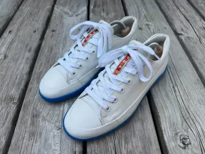 PRADA Low Top Leather Calf Plume Sneakers Size 7 US White, View more