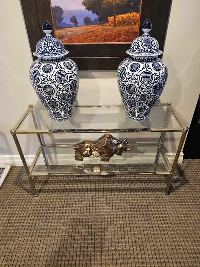 Like new chrome and glass console table 48 x 16 29 high Josh 403.461.6005