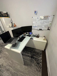 White office L-Shaped Table w Tempered Glass Top