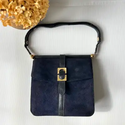 French Vintage Leather Suede Blue Handbag, View more