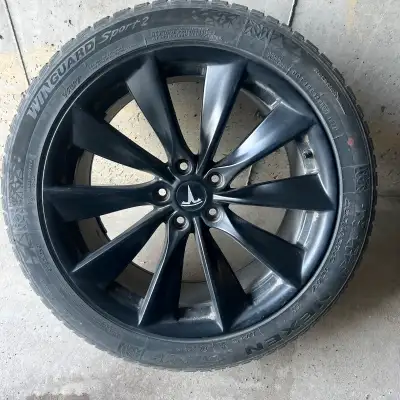 Model Y Tesla Replica Rims 19”, With tires 255/45/R19 Maybe has 1 more winter season left!