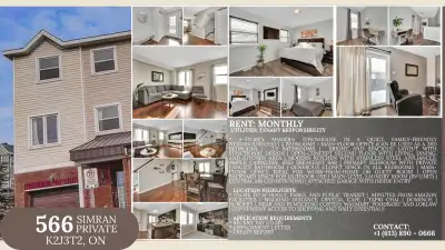 Rent: MonthLY Utilities: Tenant Responsibility * 3-storey modern townhouse in a quiet, family-friend...