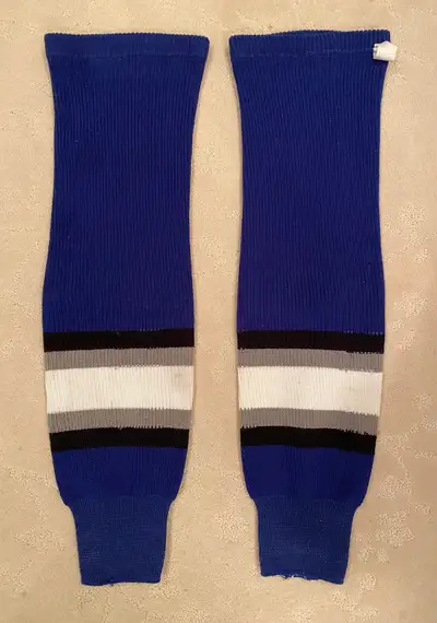 Dark Blue men’s hockey socks Large Size, dark blue with white, grey & black accents