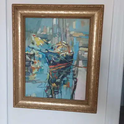 Beautiful framed painting. Depicts a boat in a harbour. Gold frame. Unique style. Ready to hang. ori...