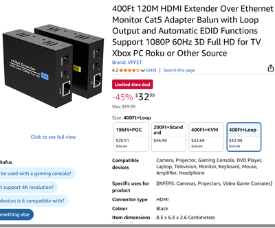 HDMI Extender Over Ethernet CAT5/6 Cable, 400Ft 120M Range, View more