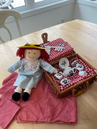 Madeline Doll, Wicker Picnic Basket & Glass Tea Set