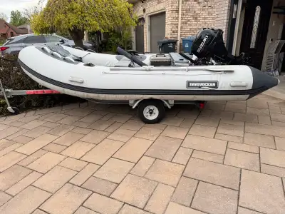 Boat, Trailer, 20HP Motor, Trolling Motor. Fish finder Marine battery. 12 FT Innovation Boat Bimini...