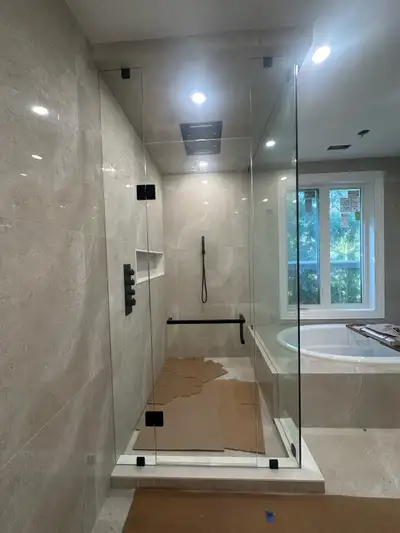 FRAMELESS SHOWER GLASS DOOR ENCLOSURES Framed Shower / Tub Enclosures GLASS RAILING STAIRS DECKS GLA...