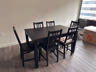Ikea extendable table, either 6 person or 4 person. Matching 6 chairs included! Excellent shape. Pic...