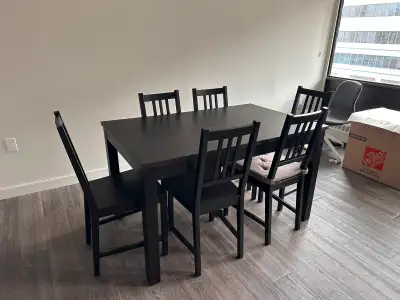 Ikea extendable table, either 6 person or 4 person. Matching 6 chairs included! Excellent shape. Pic...