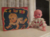 Vintage Celluloid Crawling Wind Up Baby Doll In Original Box