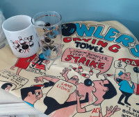 Vintage Bowling Crying Towel, mug and glass bowling ball pins