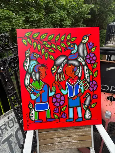 Original acrylic on canvas by Canadian Indigenous artist Eugene Morrisseau, signed on the front and...