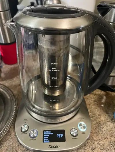 Decen electric kettle with a built-in tea infuser! It features custom temperature settings for diffe...