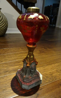 antique OIL LAMP EGYPTIAN REVIVAL FIGURAL Red Pear Shaped Glass