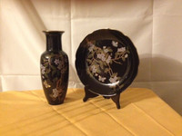 Black Japanese Chokin Vase & Plate ~ Cherry Blossoms & Butterfly