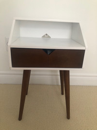 NEW WHITE SIDE TABLE w/ WALNUT LEGS  AND DRAWER FRONT 