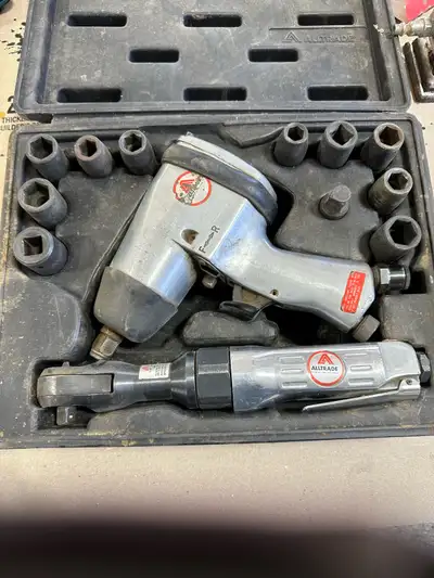 Ingersol Rand straight line sander $50, disc sander $25, Impact and right angle air ratchet with soc...