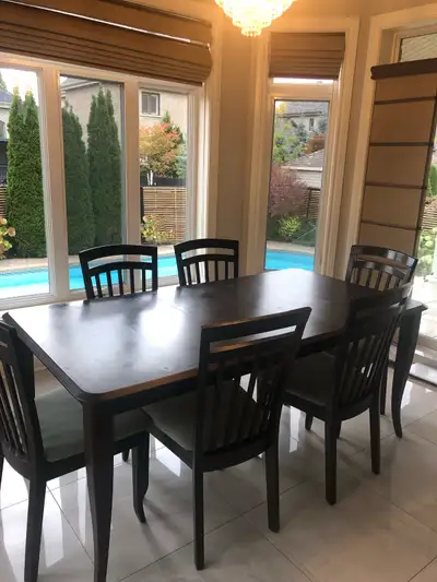 Wood dining table and 6 chairs, View more