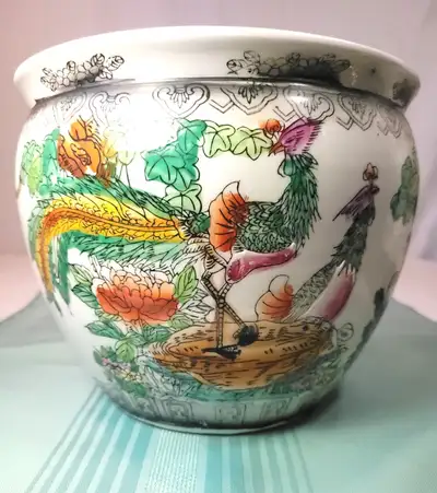 Vintage Chinese Porcelain Fishbowl Planter Flower Pot 7.25", View more