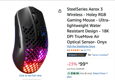 SteelSeries Aerox 3 Wireless - Super Light Gaming Mouse, View more