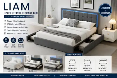 Brand New LED Storage Bed – Modern Style with Built-In Storage, View more