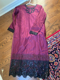 New purple shalwar kameez with black sequinned and lace  trim