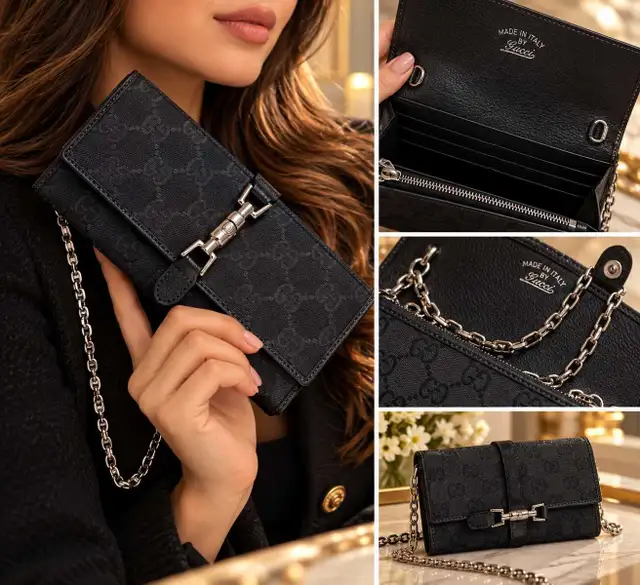GG Black Monogram Chain Wallet – Silver Hardware