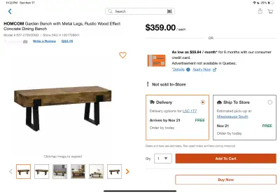 HOMCOM Garden Bench with Metal Legs, Rustic Wood Effect Concrete Dining Bench Indoor or Outdoor New...