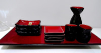 upscale SAKE SUSHI SET stoneware Black Red NOS Kafuh 13 pcs.