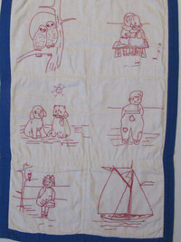 EARLY RED WORK EMBROIDERED COTTON SAMPLER  DOUBLE SIDED