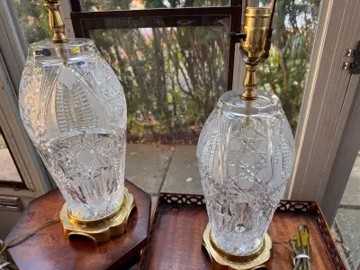 Pair of Solid Lead Crystal Elegant Table Lamps +2 sets of Shades, View more