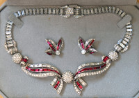 BOUCHER diamante and red rhinestone necklace and earrings