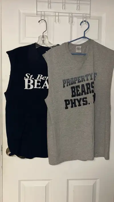 Grab these two sleeveless t-shirts, perfect for the gym or a casual summer day! One is a Gildan heav...