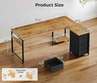  L Shaped Desk with 4 Tier Drawers, 61" Reversible Gaming Desk , View more
