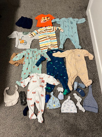 Baby lot sleepers, bib, socks, mittens, cap