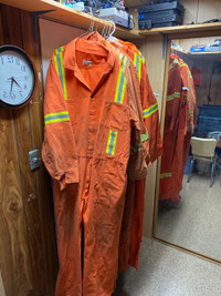 Orange coveralls with high visibility stripes.