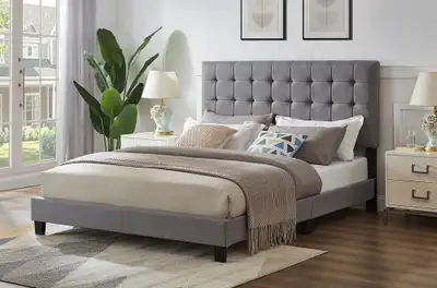 OSHAWA BED - GREY/WHITE  TUFTED LEATHER/LINEN STYLE  BED $250, View more