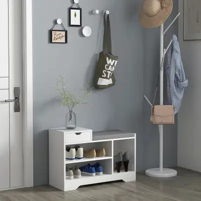 Upholstered Shoe Storage Bench, Hallway Shoe Storage with Seat, Drawer, 3 Open Shelves for Entryway,...