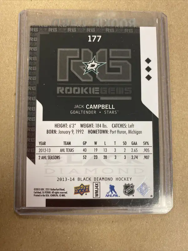 Jack Campbell Rookie Upper Deck Black Diamond Rookie Gems Oilers in Hobbies & Crafts in Thunder Bay - Image 3