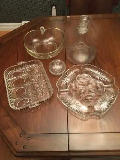 For Sale: Party Serving Dishes, Includes Devil Egg Dish, vegetable tray,Salad Bowl,Decanter,Snack Di...