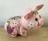 Absolutely Adorable Hand Painted Pink Piggy Bank with Flowers